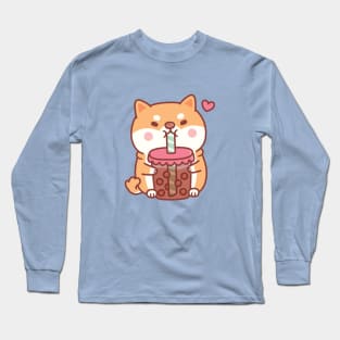 Cute Chubby Shiba Inu Dog Loves Bubble Tea Long Sleeve T-Shirt